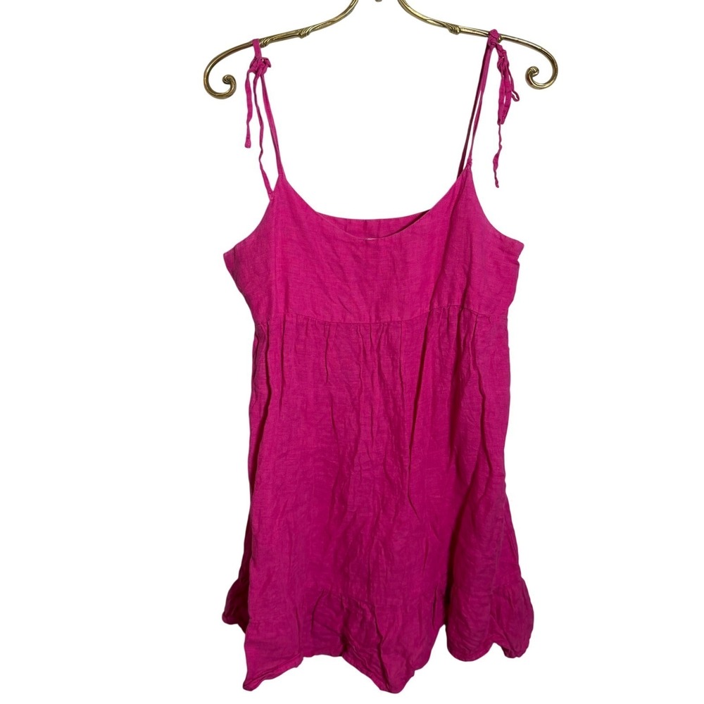 Zara Womens Hot Pink 100% Linen Tie Strap Ruffle Babydoll Mini Dress Small